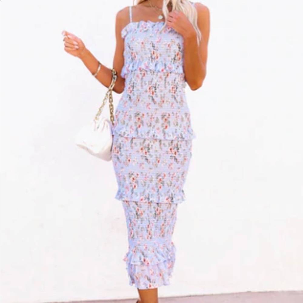 Vici - Floral Smocked Ruffle Midi Dress - Blue - Small